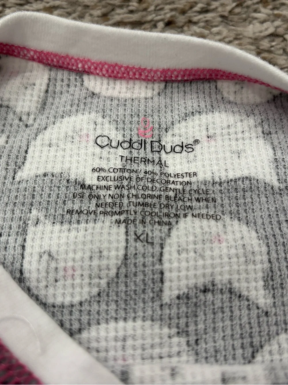 Girls Gray XL Cuddl Duds Long Thermal Underwear Cat Print Set with Pink Accents